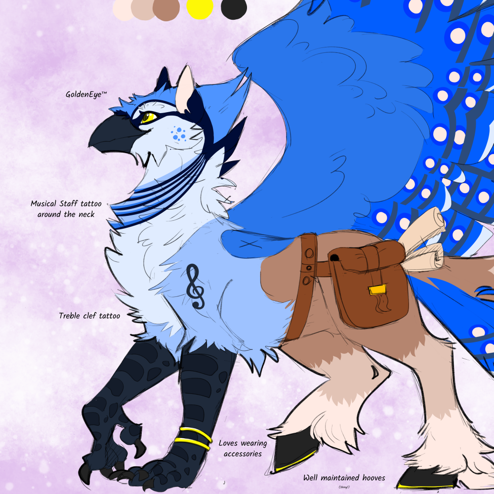 Reference sheet of Asterion, the blue jay/draft horse
                                 hippogryph, featuring a side view of the character. His
                                 design is themed around music. He has a musical staff as
                                 a bandana like tattoo, as well as a treble clef tattoo
                                 on his arm. He's wearing a bag containing scrolls of
                                 music sheets. A lute sits on the side, a guitar-like
                                 musical instrument he plays. He has gold-colored
                                 horseshoes.