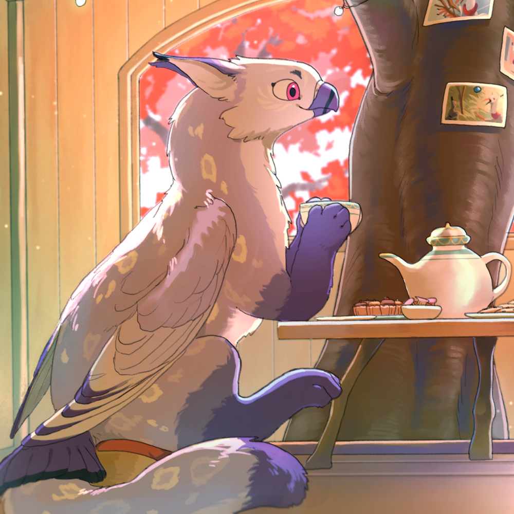 Solstice (A lilac colored, snow leopard themed gryphon) and Andromeda (A purple and white gryphon) having a tea party in Andromeda's tree house. In the middle is a tree, decorated with string lights. Only Solstice is in view of the image.